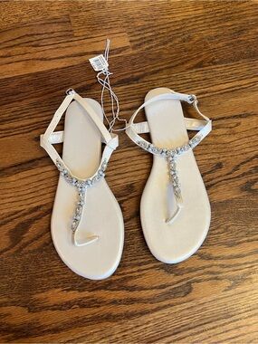Women's Ivory Jeweled T-Strap Sandals